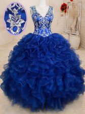 Stylish Royal Blue Ball Gowns V-neck Sleeveless Organza Floor Length Backless Beading and Embroidery and Ruffles Quinceanera Gowns