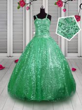 Latest Green Little Girl Pageant Dress Party and Wedding Party with Sequins Straps Sleeveless Lace Up