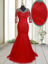  Mermaid Red Prom Gown Prom and Party with Lace V-neck Half Sleeves Brush Train Clasp Handle
