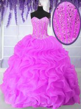 Noble Hot Pink Ball Gowns Sweetheart Sleeveless Organza Floor Length Lace Up Ruffles and Sequins Quinceanera Dress