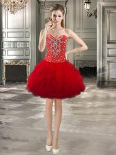 Charming Red Lace Up Prom Dresses Beading and Ruffles Sleeveless Mini Length
