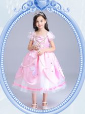 Fantastic Square Short Sleeves Tea Length Beading and Appliques Zipper Flower Girl Dresses with Baby Pink
