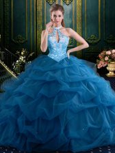 Charming Halter Top Teal Tulle Lace Up Sweet 16 Dress Sleeveless Floor Length Beading and Pick Ups
