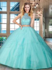 Pretty Aqua Blue Two Pieces Tulle Halter Top Sleeveless Beading and Ruffles Floor Length Backless Sweet 16 Dress