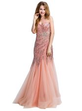  Mermaid Floor Length Peach Dress for Prom One Shoulder Sleeveless Side Zipper