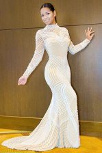 Fashionable Mermaid Long Sleeves Sweep Train Backless Beading Dress for Prom