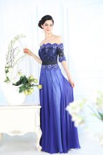  Chiffon Scalloped Half Sleeves Zipper Beading and Appliques Prom Gown in Blue