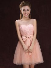  Scoop Peach Tulle and Lace Lace Up Vestidos de Damas Sleeveless Mini Length Lace and Bowknot