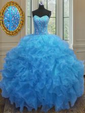  Baby Blue Side Zipper Quince Ball Gowns Beading and Ruffles Sleeveless Floor Length