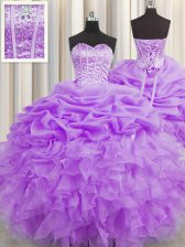  Visible Boning Lilac Organza Lace Up Sweet 16 Dress Sleeveless Floor Length Beading and Ruffles and Pick Ups