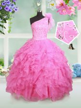 Customized Rose Pink Ball Gowns One Shoulder Sleeveless Organza Floor Length Lace Up Beading and Ruffles and Hand Made Flower Pageant Gowns For Girls