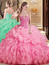Top Selling Sleeveless Organza Brush Train Lace Up Quinceanera Gown in Rose Pink with Embroidery and Ruffles and Pick Ups