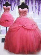 Sweet Three Piece Floor Length Rose Pink Quince Ball Gowns Sweetheart Sleeveless Lace Up