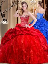 Top Selling Red Lace Up Ball Gown Prom Dress Beading and Ruffles Sleeveless Brush Train