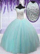  Light Blue Ball Gowns Tulle Off The Shoulder Short Sleeves Beading Floor Length Lace Up Quinceanera Gown