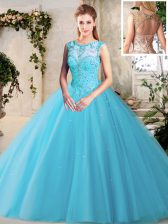Flare Floor Length Baby Blue Sweet 16 Quinceanera Dress Scoop Sleeveless Lace Up