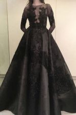 Glamorous Black A-line Beading and Appliques Prom Dress Zipper Satin Long Sleeves Floor Length