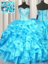 Customized Sleeveless Organza Floor Length Lace Up Quince Ball Gowns in Aqua Blue with Beading and Ruffles