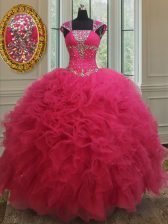 Sexy Square Cap Sleeves Lace Up 15 Quinceanera Dress Hot Pink Tulle