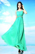 Sweet Scoop Turquoise Chiffon Backless Dress for Prom Sleeveless Floor Length Beading