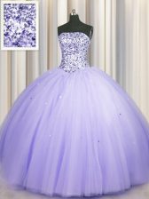  Puffy Skirt Beading and Sequins Ball Gown Prom Dress Lavender Lace Up Sleeveless Floor Length