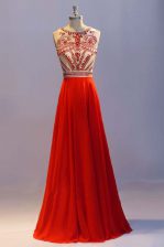  Scoop Coral Red Sleeveless Floor Length Beading and Pleated Side Zipper Prom Gown