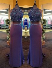  Criss Cross High-neck Sleeveless Prom Dresses Floor Length Beading Purple Chiffon