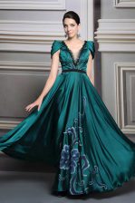 Captivating Dark Green Satin Zipper V-neck Short Sleeves Floor Length Prom Evening Gown Beading and Embroidery and Belt