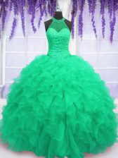  Sleeveless Organza Floor Length Lace Up 15th Birthday Dress in Turquoise with Beading and Ruffles