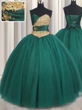 High Class Peacock Green Sleeveless Beading and Appliques Floor Length Sweet 16 Dresses