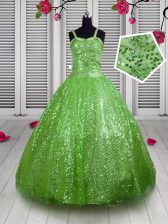 Wonderful Sequins Apple Green Sleeveless Sequined Lace Up Little Girl Pageant Gowns for Party and Wedding Party