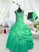 Pretty Beading and Pick Ups Little Girls Pageant Gowns Green Lace Up Sleeveless Floor Length