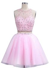  Pink A-line Organza Scoop Sleeveless Beading Knee Length Zipper Homecoming Dress