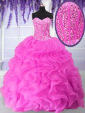  Sleeveless Floor Length Beading and Ruffles Lace Up Quinceanera Gown with Fuchsia