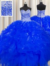  Visible Boning Beaded Bodice Sleeveless Floor Length Beading and Ruffles Lace Up Ball Gown Prom Dress with Royal Blue