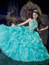  Aqua Blue Ball Gown Prom Dress Military Ball and Sweet 16 and Quinceanera with Beading and Appliques and Pick Ups Bateau Sleeveless Lace Up