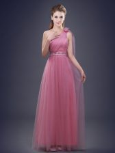 Admirable One Shoulder Beading and Ruching and Hand Made Flower Vestidos de Damas Pink Lace Up Sleeveless Floor Length