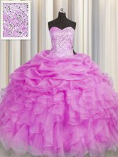Exquisite Lilac Ball Gowns Sweetheart Sleeveless Organza Floor Length Lace Up Beading and Ruffles Ball Gown Prom Dress