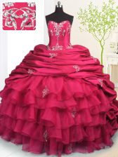  Pick Ups Ruffled Rose Pink Sleeveless Organza and Taffeta Brush Train Lace Up Sweet 16 Quinceanera Dress for Military Ball and Sweet 16 and Quinceanera