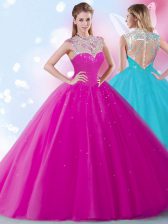 Free and Easy Scoop Fuchsia Quinceanera Gowns Military Ball and Sweet 16 and Quinceanera with Beading and Sequins High-neck Sleeveless Zipper