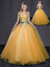 Elegant Sleeveless Floor Length Appliques and Belt Lace Up 15 Quinceanera Dress with Gold