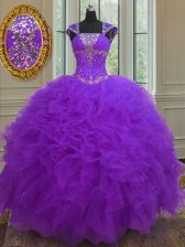 Discount Straps Cap Sleeves Floor Length Lace Up Quince Ball Gowns Purple for Military Ball and Sweet 16 and Quinceanera with Beading and Ruffles and Sequins