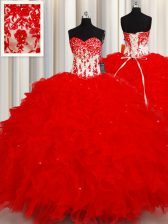  Red Lace Up Sweetheart Beading and Appliques and Ruffles and Sequins 15th Birthday Dress Organza Sleeveless
