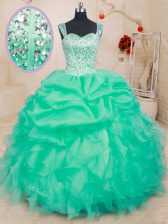  Turquoise Straps Lace Up Beading and Ruffles and Pick Ups Quinceanera Dresses Sleeveless