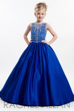 Scoop Sleeveless Taffeta Floor Length Zipper Little Girls Pageant Gowns in Navy Blue with Beading