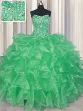 Sweet Visible Boning Apple Green Organza Lace Up Strapless Sleeveless Floor Length Quinceanera Dress Beading and Ruffles
