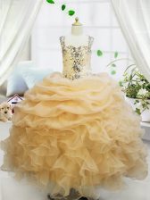 Custom Fit Champagne Zipper Straps Beading and Ruffles and Pick Ups Kids Pageant Dress Organza Sleeveless