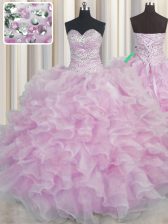  Bling-bling Sleeveless Floor Length Beading and Ruffles Lace Up Quinceanera Gowns with Lilac