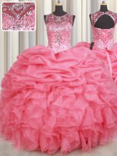 Luxury Scoop Watermelon Red Sleeveless Beading and Ruffles and Pick Ups Floor Length Quince Ball Gowns