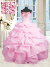 Vintage Beading and Ruffles Sweet 16 Dress Pink Lace Up Sleeveless Floor Length